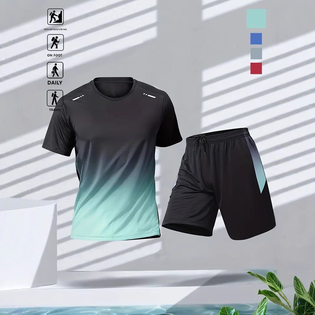 Gradient Motion Fitness Wear Summer Casual Set Short Sleeve Shorts