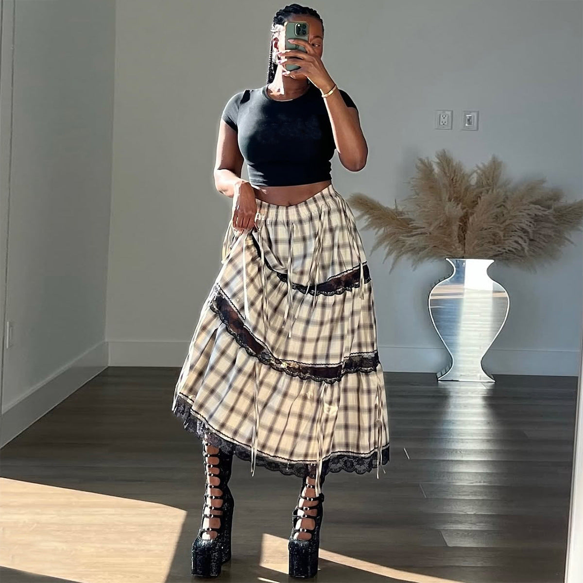 Color blocking plaid double skirt for women