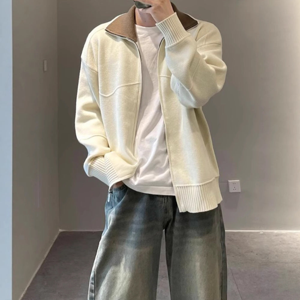 Chic Color-Blocking Knit Cardigan for Men, Design-Focused Turn-Down Collar Sweater Coat, Casual Knitwear for Autumn and Winter