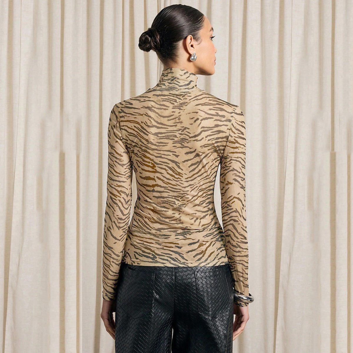 Sexy slim fit mesh see through printed top for women