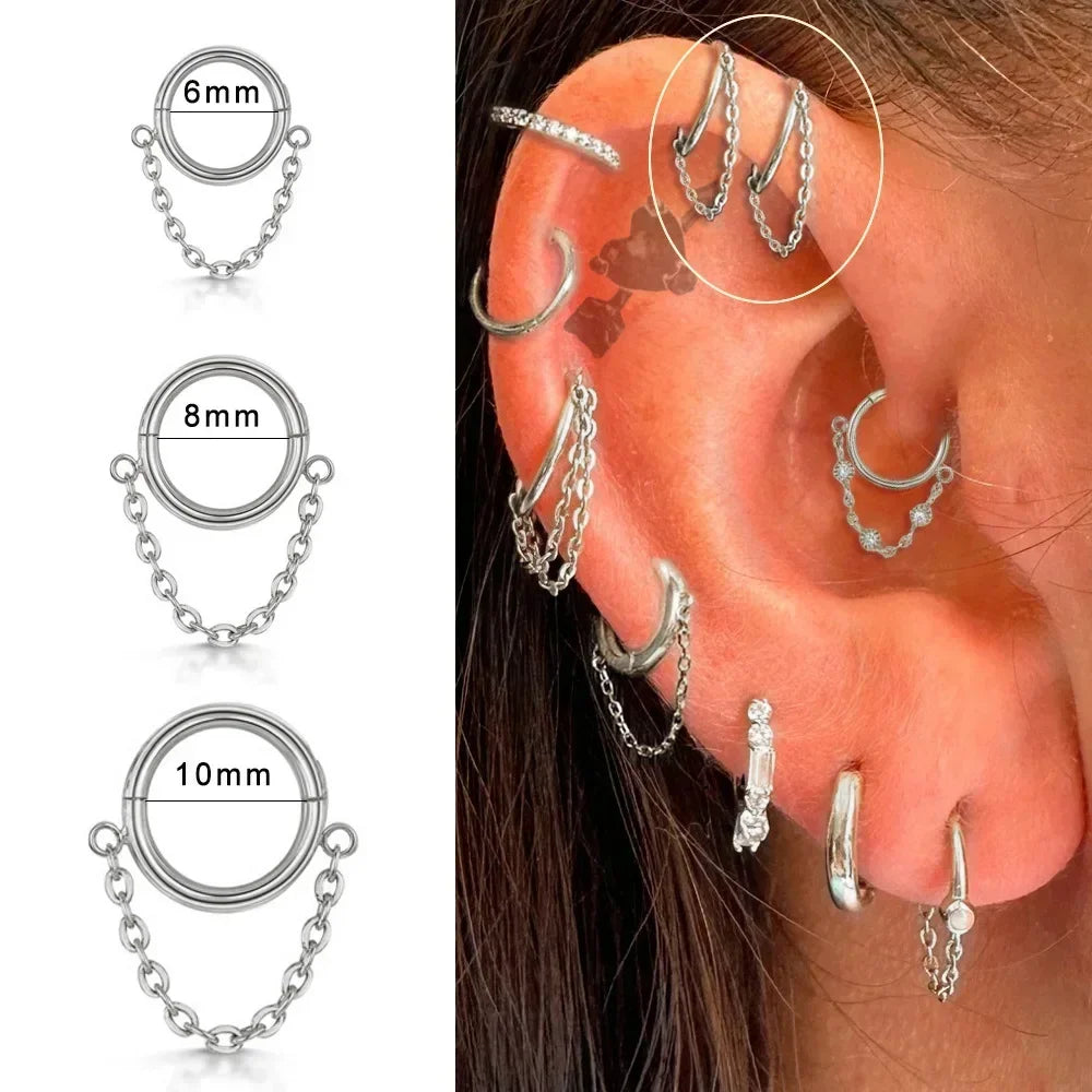 Fashion Punk Circle Pendant Tassel Zircon Hoops Ear Nose Ring For Women Girl Cartilage Daith Septum Piercing Earrings Jewelry