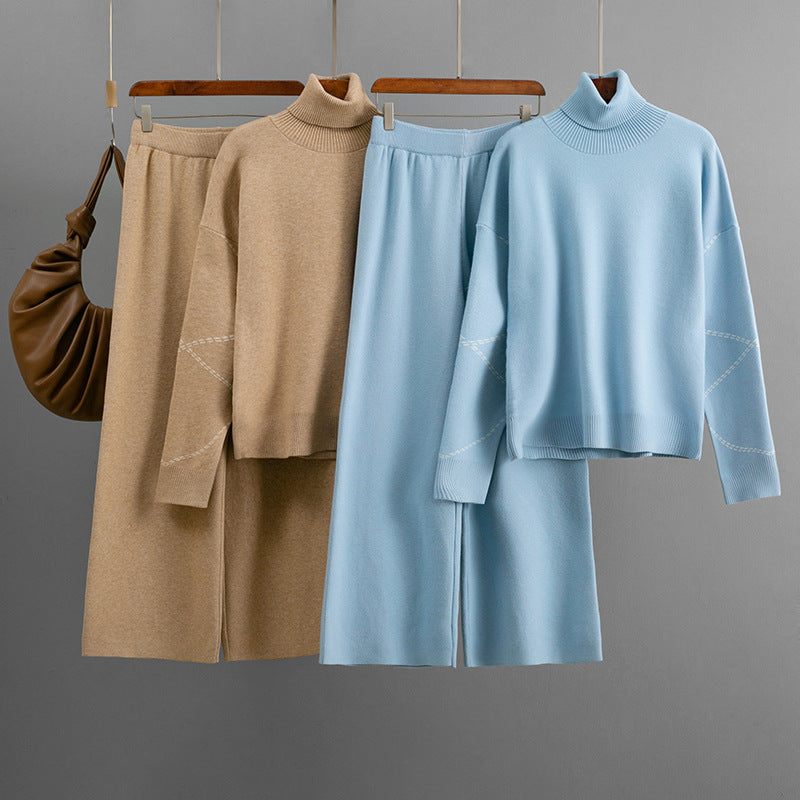 High neck loose sweater+casual wide leg pants two-piece set
