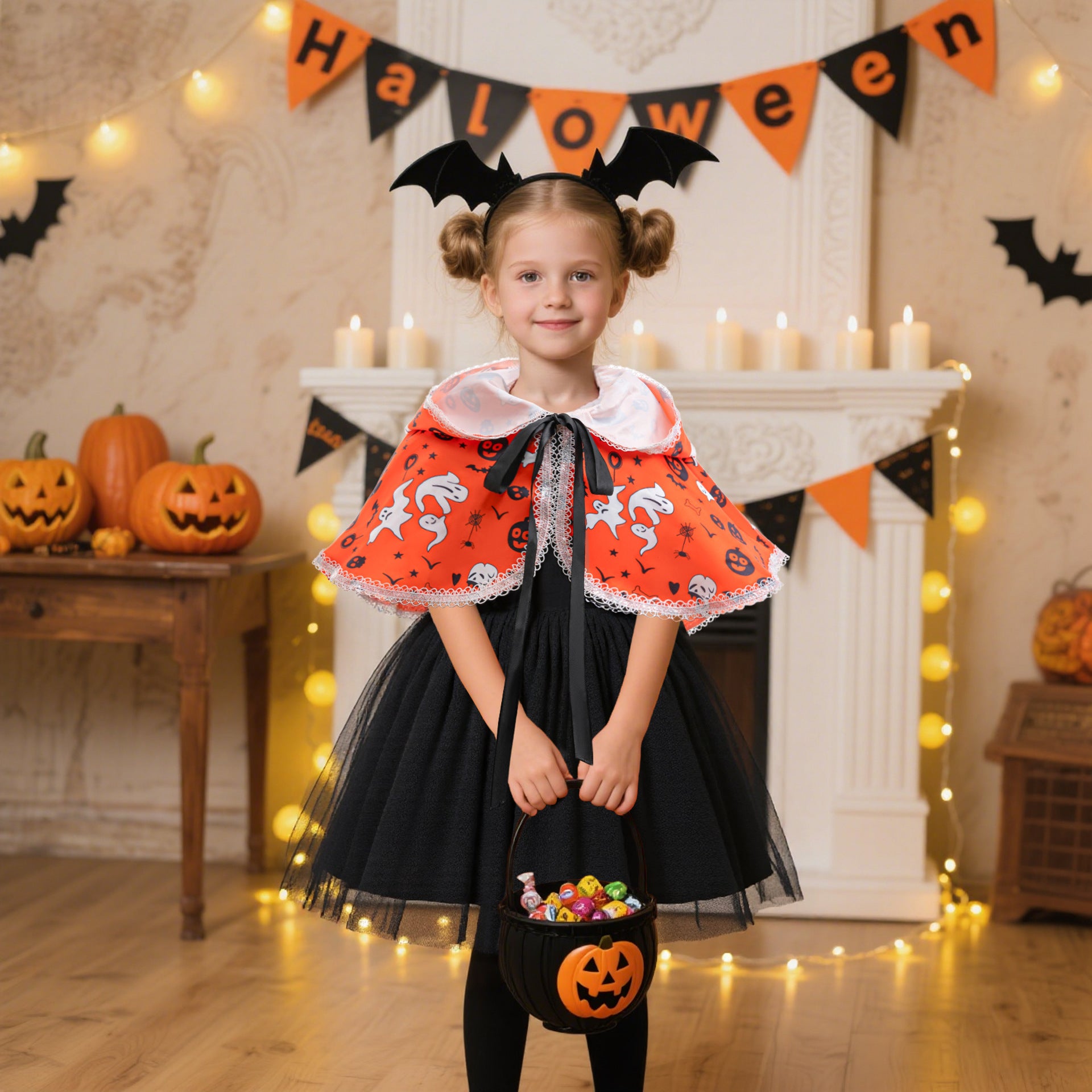 Halloween Dress Girls Princess Dress Tulle Puffy Dress with Shawl Set