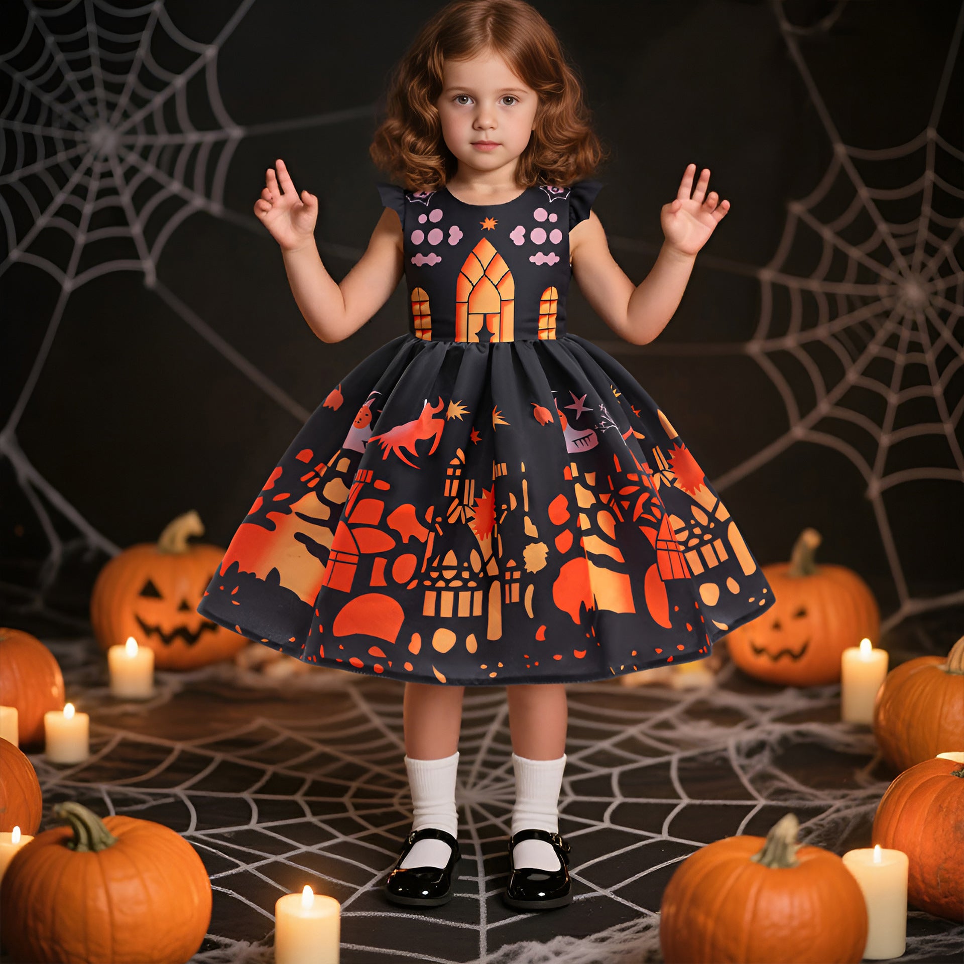 Fancy Halloween Printed Satin Dress for Kids Princess Party Costume Dress
