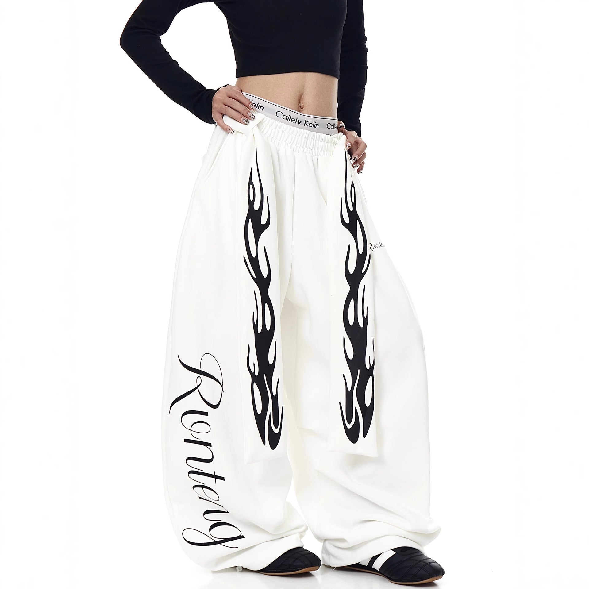 Vintage Flame Print Belted Knife Pants Unisex Autumn New Fashion Streetwear Jazz Dance Loose Wide Leg Pants