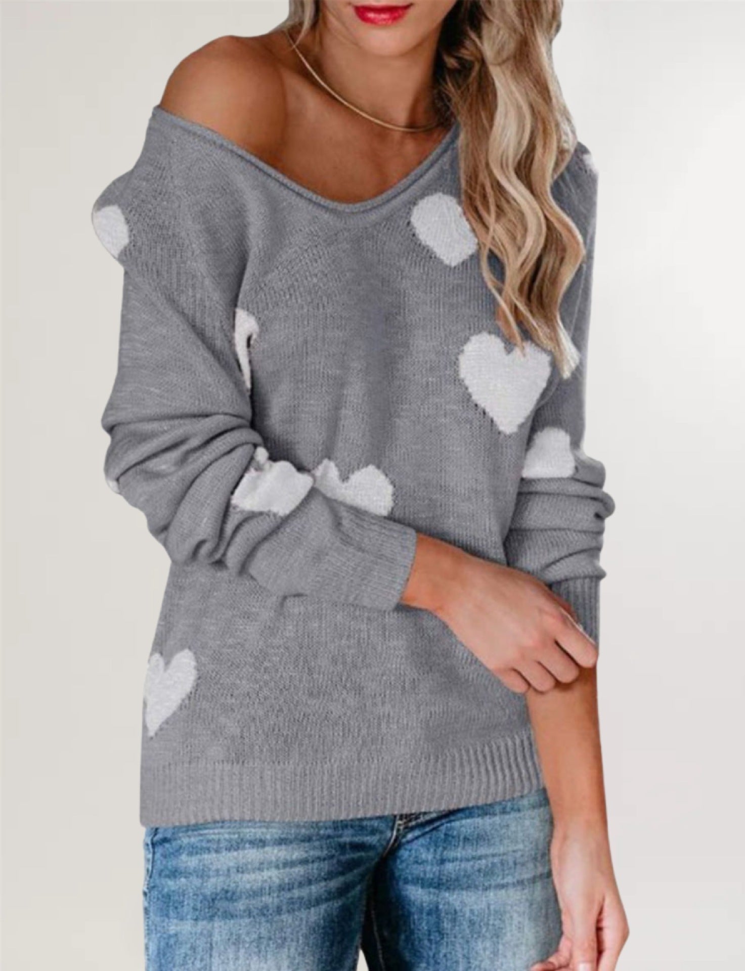 Loose Love Valentine's Day V-neck Knitted sweater pullover sweater for women
