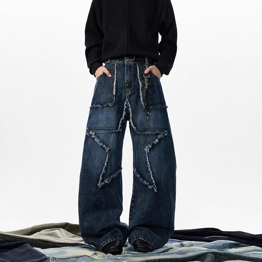 Original Design Patchwork Denim Pants Men's Raw Hem Star Wide Leg Pants Street Style Knife Cut Long Pants