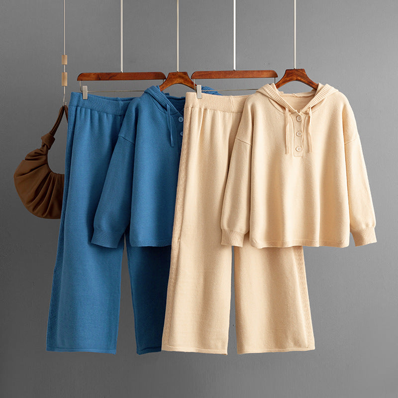 Hooded loose button sweater+wide leg pants two-piece set for women