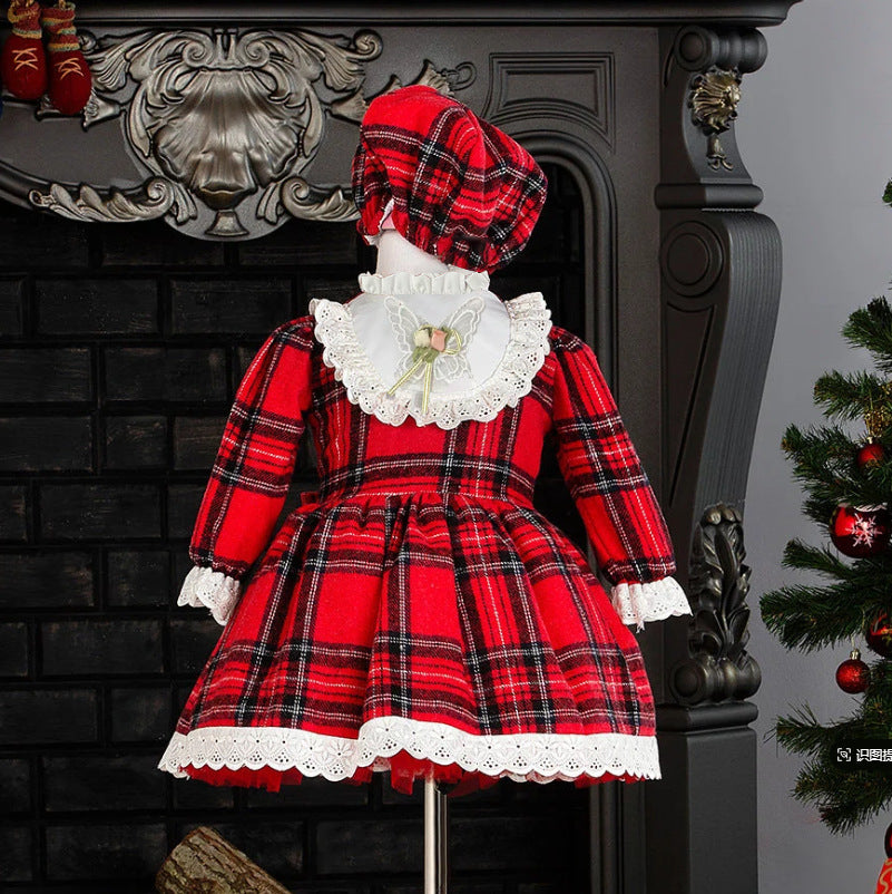 Stylish plaid long-sleeved dress for girls, perfect for spring, autumn, and Christmas, plus a hat.