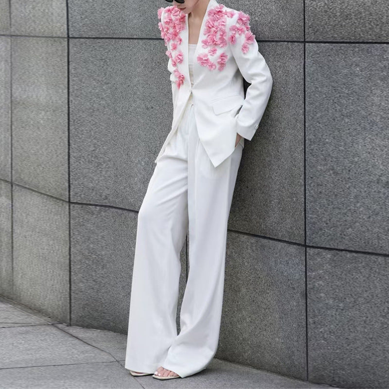 Three dimensional rose V-neck suit+high waisted straight leg pants