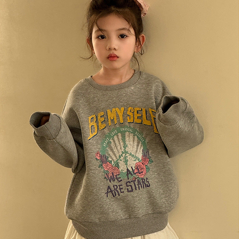 Cotton Fleece Lined Hooded Sweatshirt for Girls, Round Neck, Loose Fit, Casual Fashion for Kids Boys and Girls Style