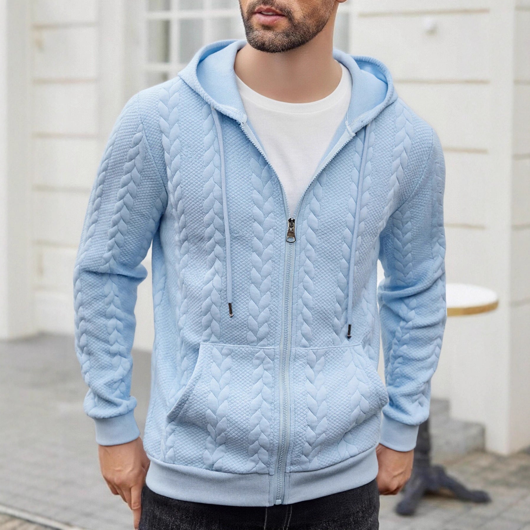 Men's Sporty Solid-Color Patterned Casual Hoodie Coat