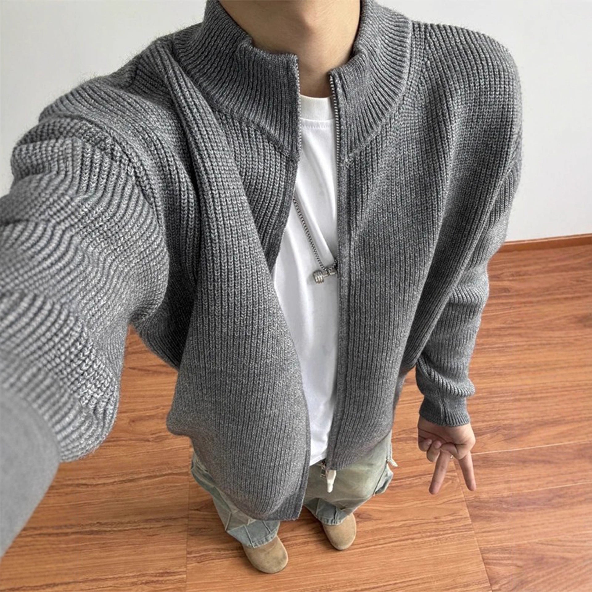 Gray Men's Sweater Autumn Lazy Style Relaxed Knit Cardigan Cleanfit Stand Collar Jacket