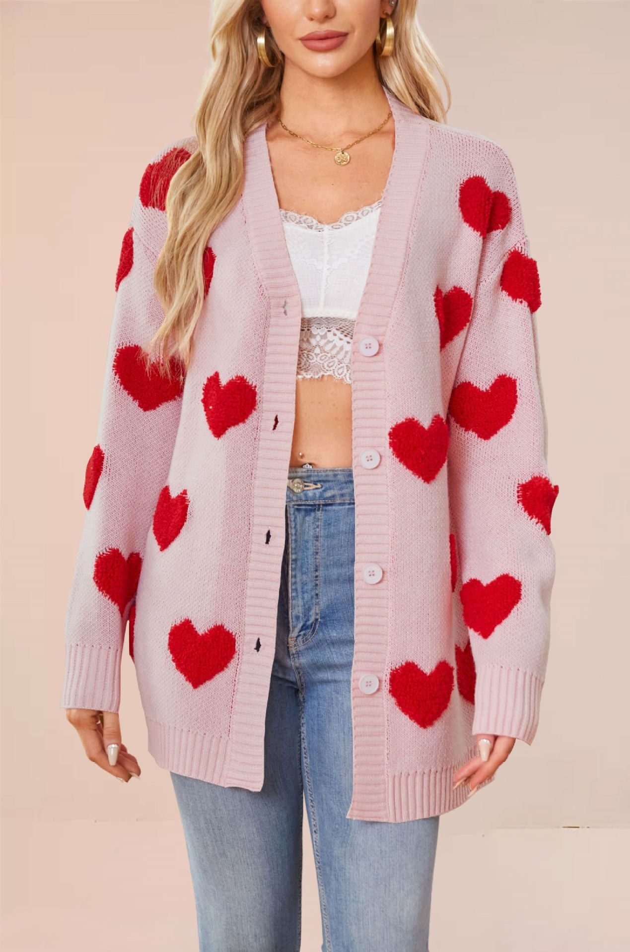 Love knit cardigan V-neck button mid length jacket for women