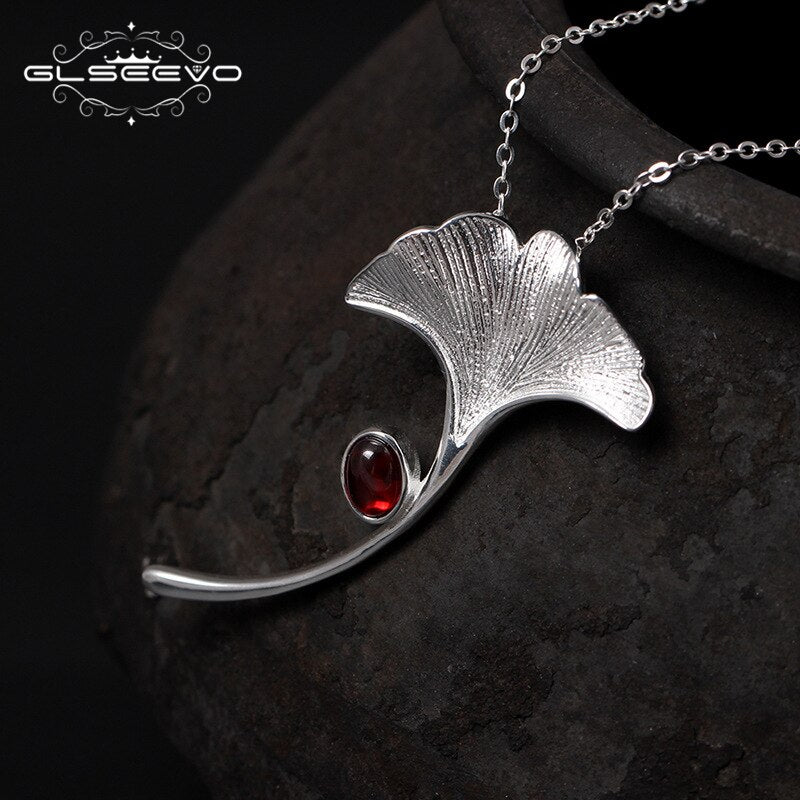 GLSEEVO Ginkgo Biloba Leaf Brooches For Women Wife 925 Sterling Silver Natural Garnet Luxury Brooch Luxury Fine Jewellery