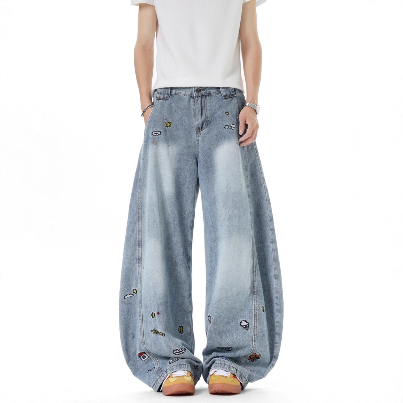 Heavyweight Cartoon Embroidery Denim Pants Men Autumn Style Patchwork Long Pants High Street Loose Knife-Edge Wide Leg Pants