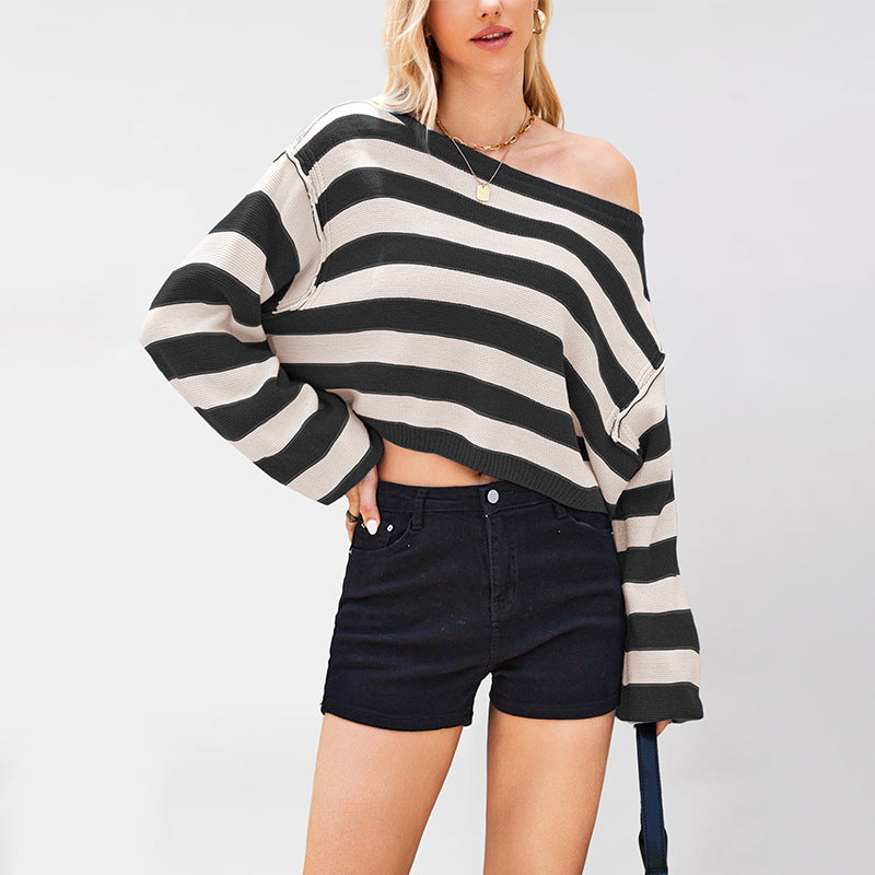 Hooded sweater striped loose short knit sweater