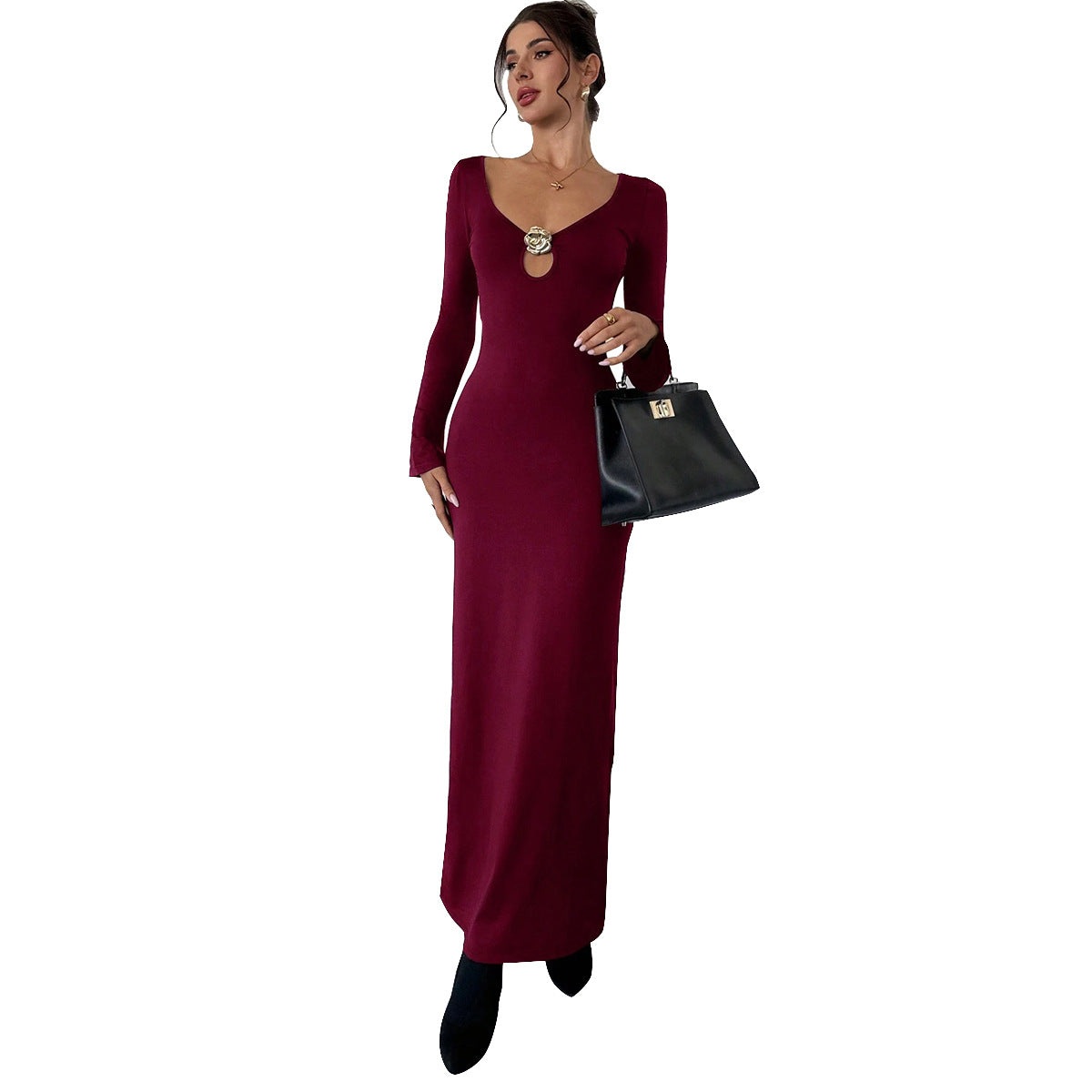 V-neck metal decorative elastic long sleeved dress for women
