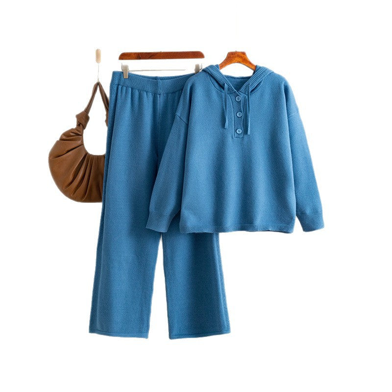 Hooded loose button sweater+wide leg pants two-piece set for women