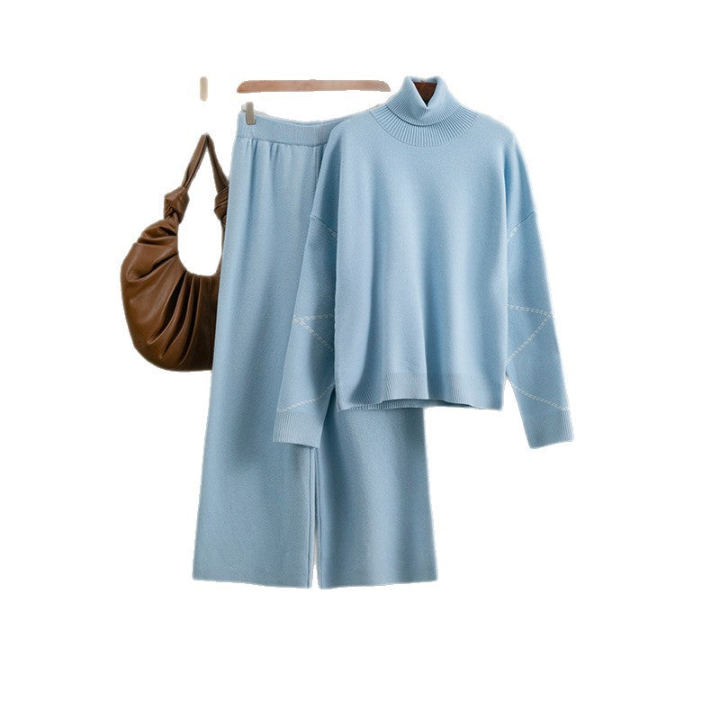 High neck loose sweater+casual wide leg pants two-piece set
