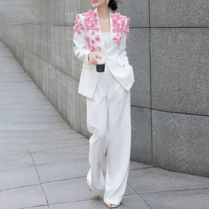Three dimensional rose V-neck suit+high waisted straight leg pants