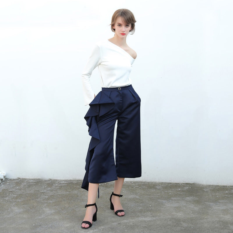 Ruffle Trousers for Women High Waist Wide Leg Pants Female Casual Palazzo Bottoms Large Sizes