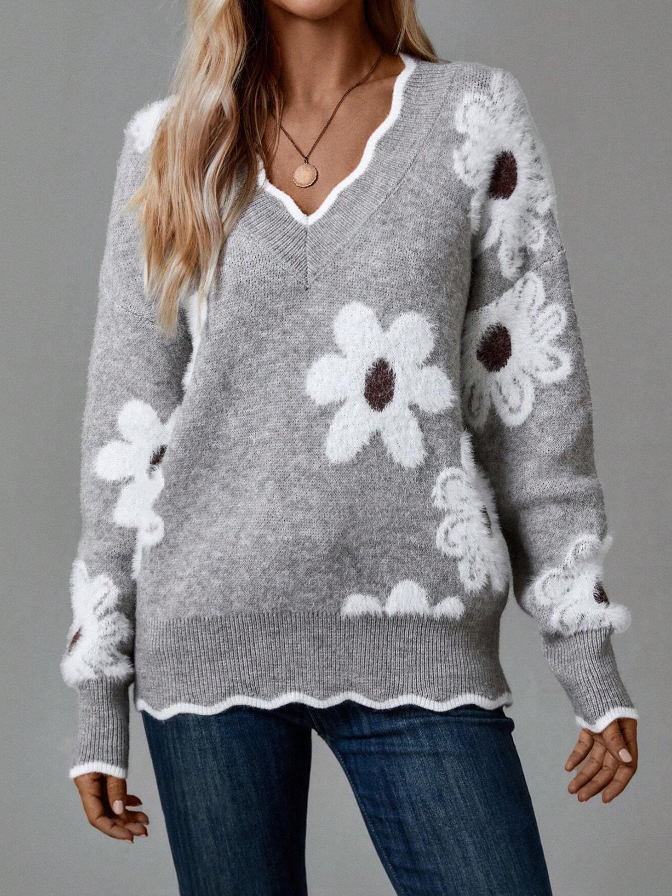 Lace V-neck mink resistant jacquard pullover knitted sweater casual sweater