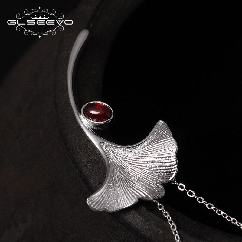 GLSEEVO Ginkgo Biloba Leaf Brooches For Women Wife 925 Sterling Silver Natural Garnet Luxury Brooch Luxury Fine Jewellery