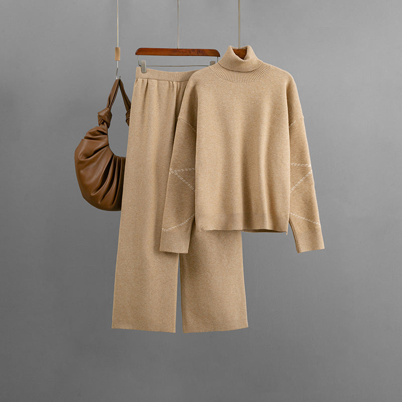 High neck loose sweater+casual wide leg pants two-piece set