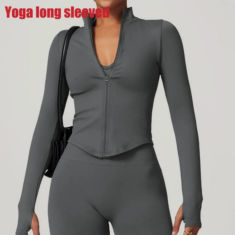 Zipper Jacket Women Crop Tops Yoga T-shirts Solid Sports Top Long Sleeve Running Shirts Sexy Quick Dry Fitness Gym Sport Wear