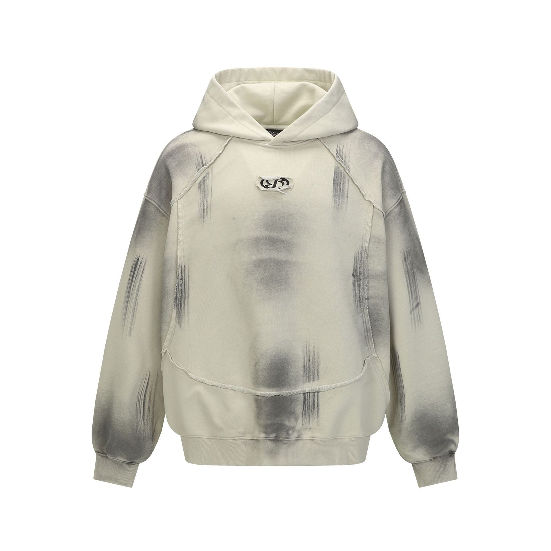Inkjet washed fringed hooded sweatshirt