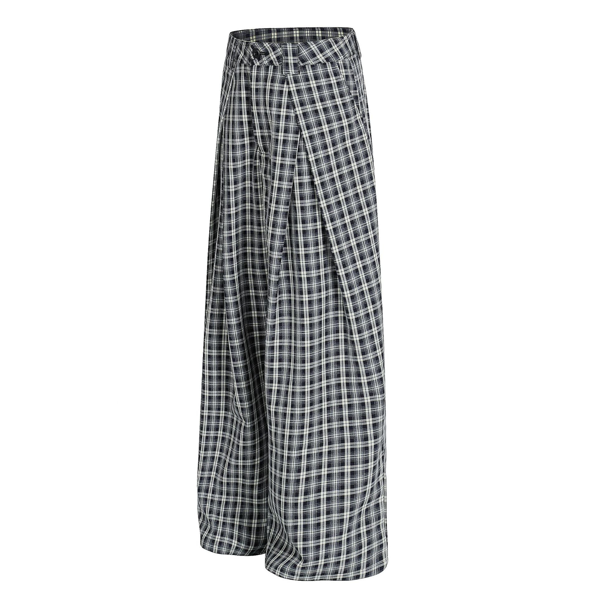 Retro Unisex High-End Street Style Plaid Pleated Loose Fit Men's Casual Trousers