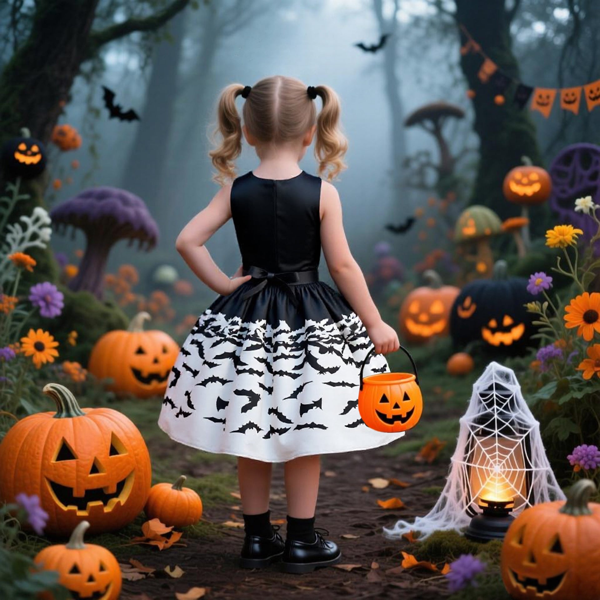 Halloween Printed Dress for Girls with Candy Bag Princess Style Children's Dress