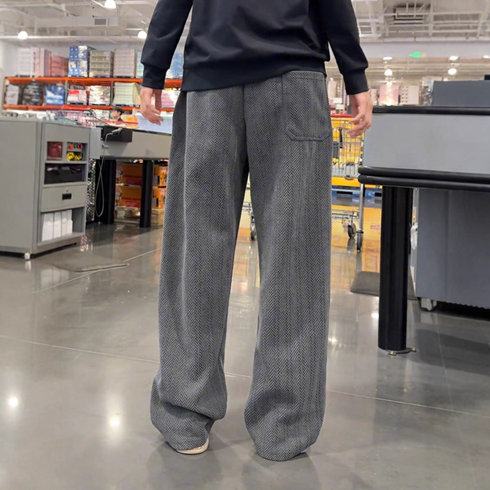 Style Loose Knit Cropped Sweatpants for Men, Deep Gray Herringbone Pattern, Casual Oversized Track Pants