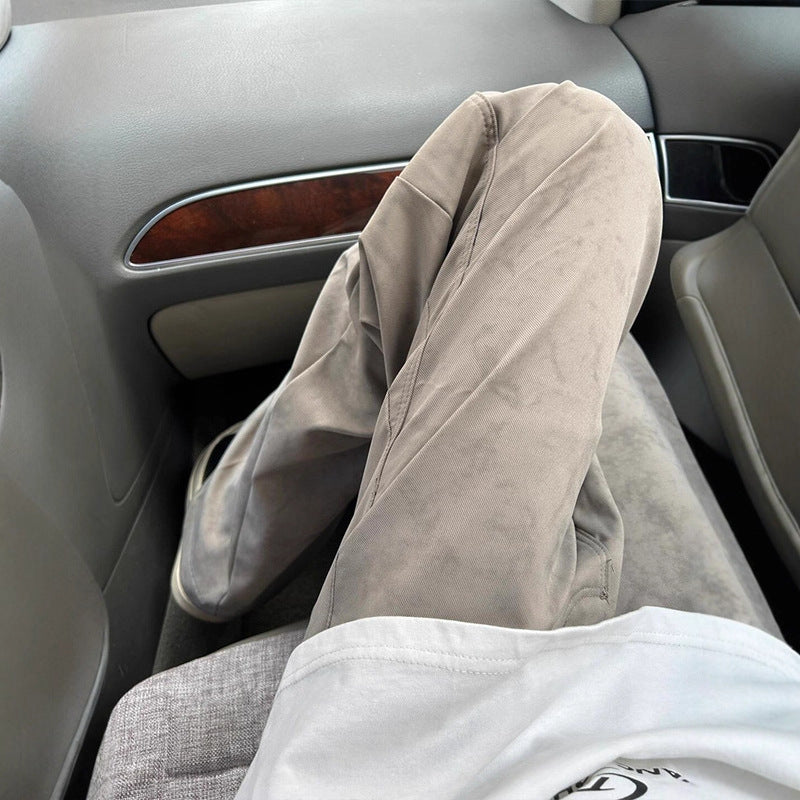 Brown Textured Straight-Leg Cargo Pants Men's Spring &amp; Autumn Clean Fit Knife-Edge Pants Vintage Loose Wide-Leg Pants