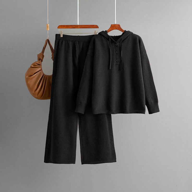 Hooded loose button sweater+wide leg pants two-piece set for women