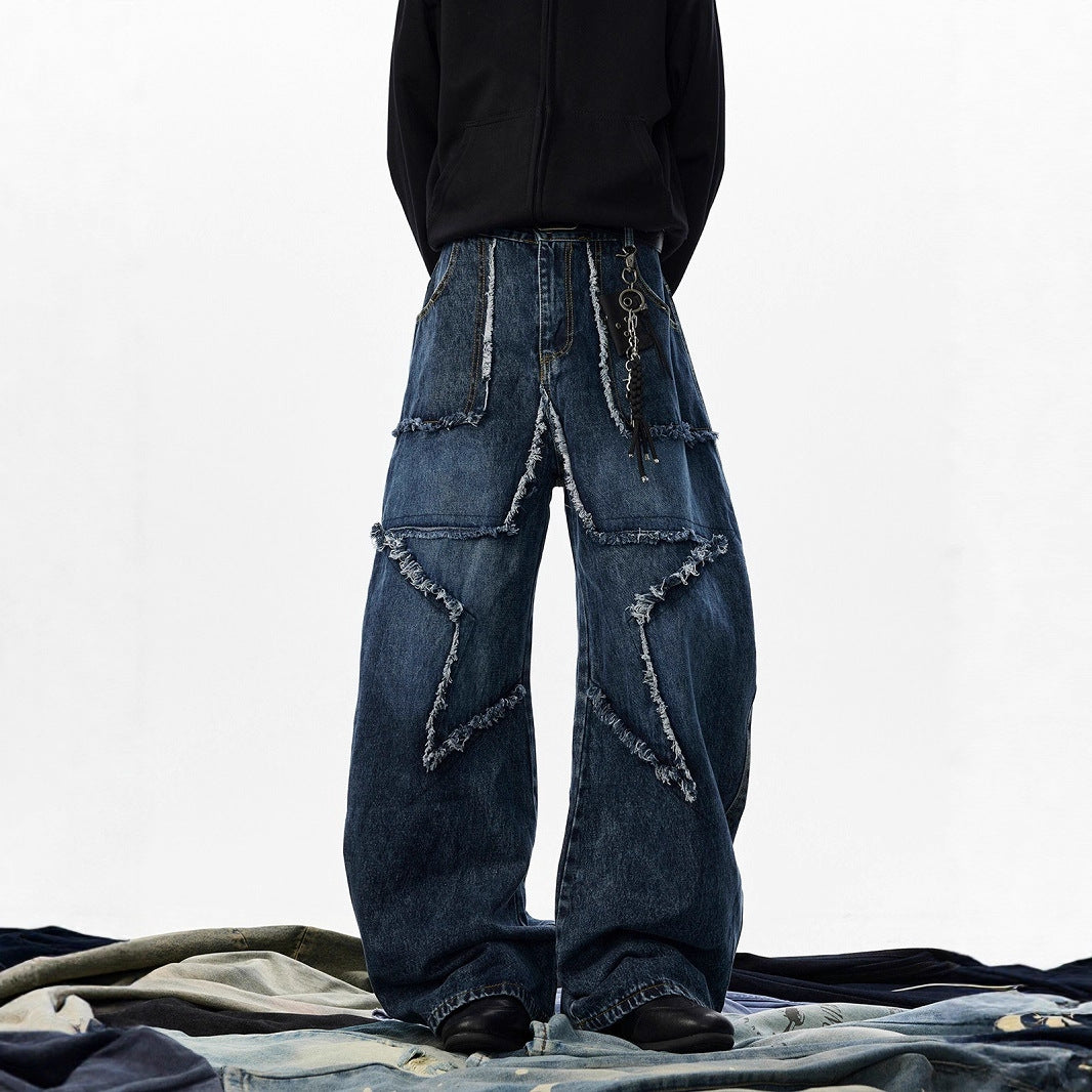 Original Design Patchwork Denim Pants Men's Raw Hem Star Wide Leg Pants Street Style Knife Cut Long Pants