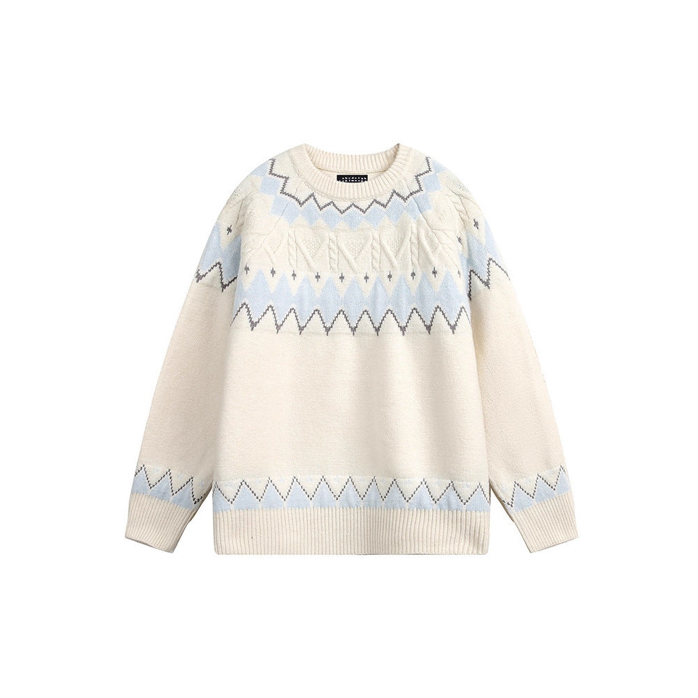 Vintage White Fair Isle Crewneck Sweater Unisex Autumn Winter Soft Cozy Couple Casual Knitwear