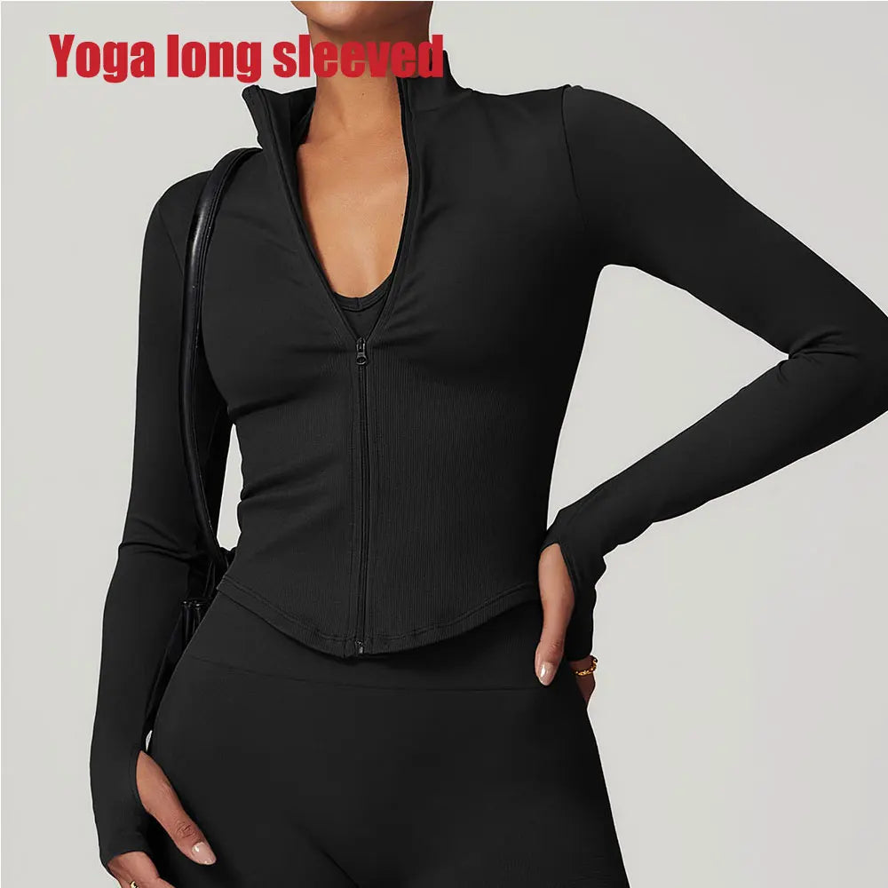 Zipper Jacket Women Crop Tops Yoga T-shirts Solid Sports Top Long Sleeve Running Shirts Sexy Quick Dry Fitness Gym Sport Wear