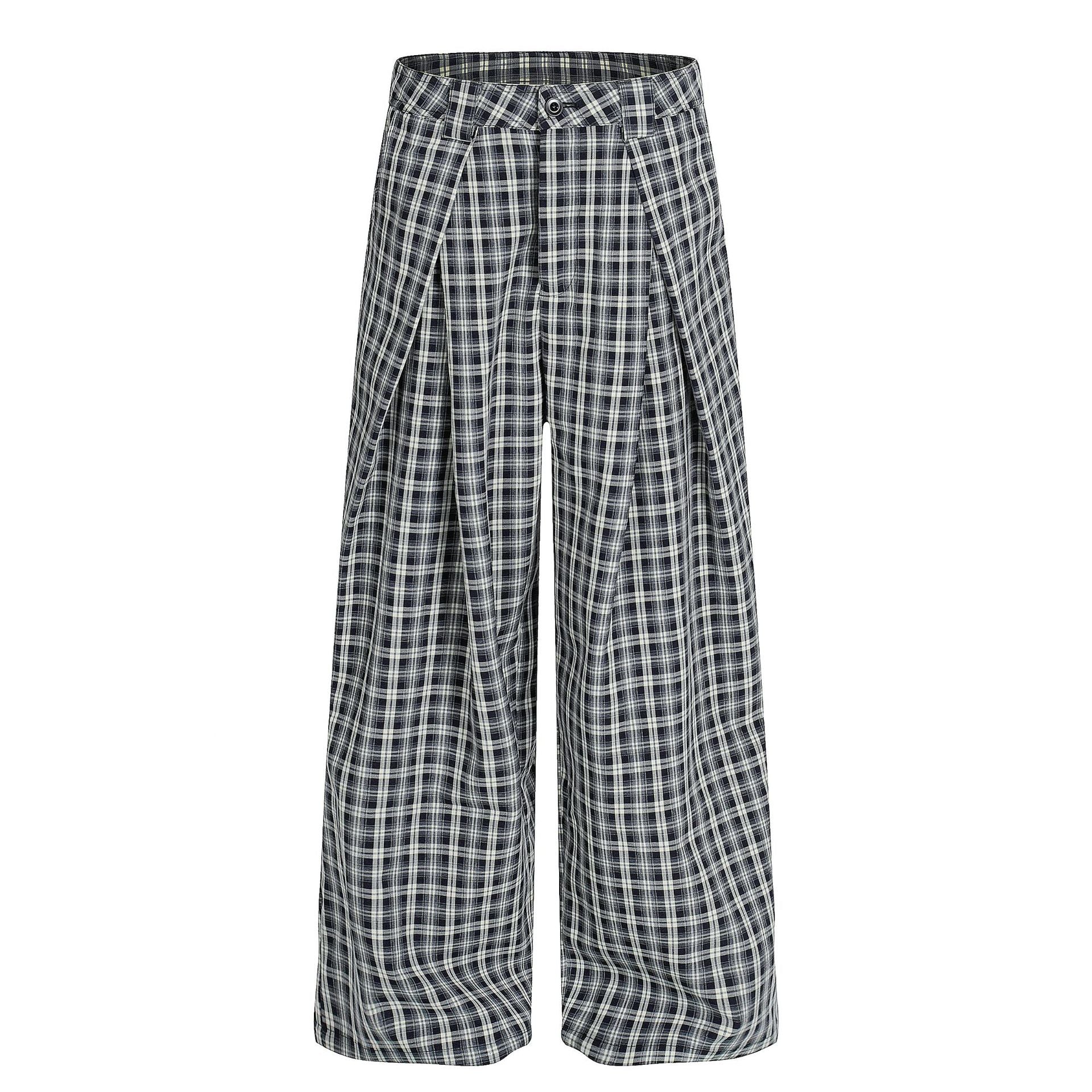 Retro Unisex High-End Street Style Plaid Pleated Loose Fit Men's Casual Trousers
