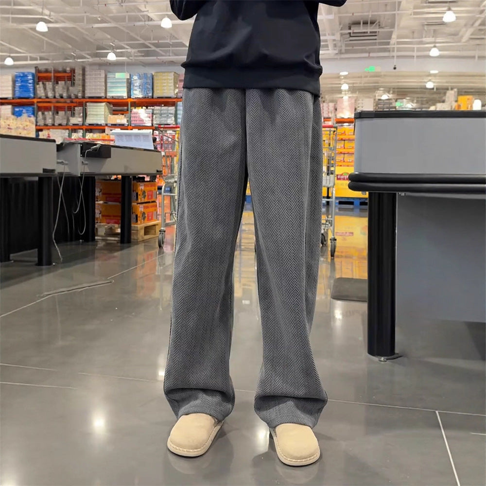 Style Loose Knit Cropped Sweatpants for Men, Deep Gray Herringbone Pattern, Casual Oversized Track Pants