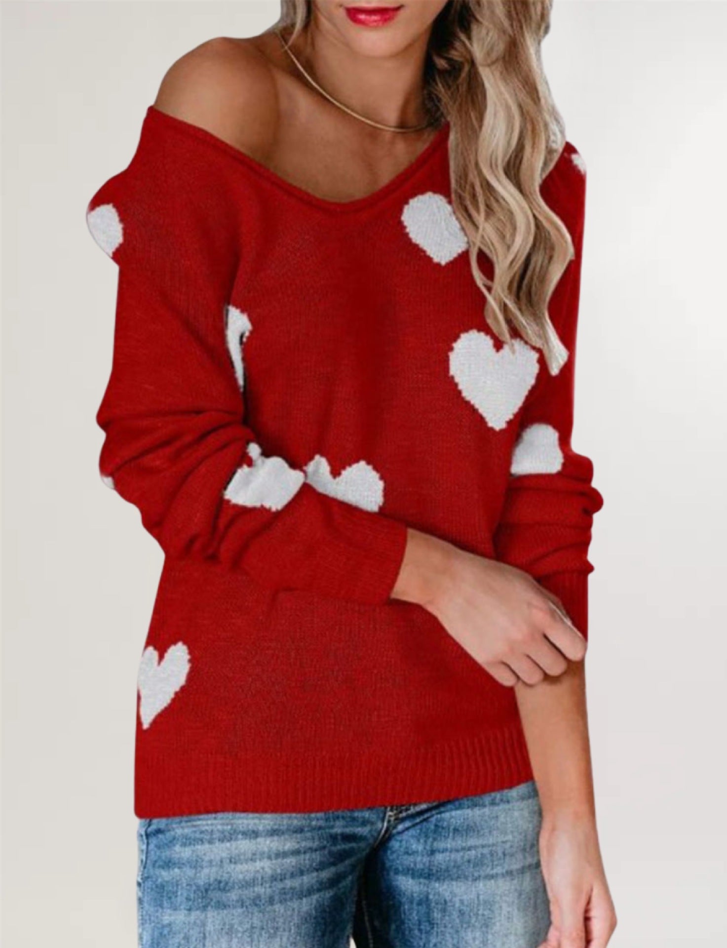 Loose Love Valentine's Day V-neck Knitted sweater pullover sweater for women