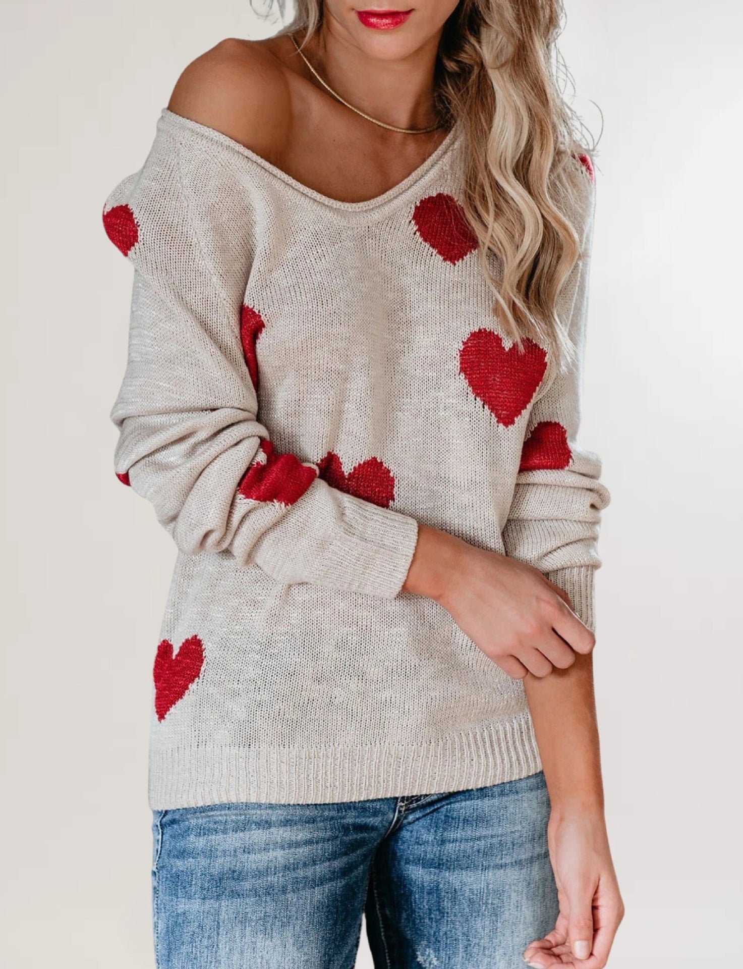 Loose Love Valentine's Day V-neck Knitted sweater pullover sweater for women