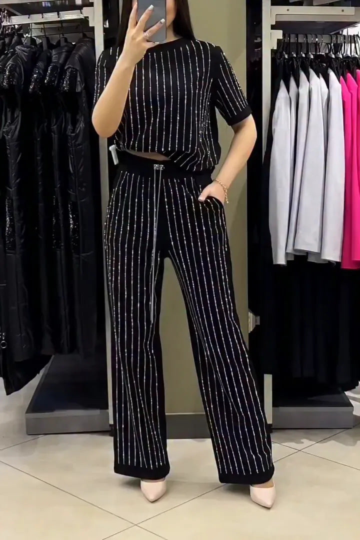 Round neck rhinestone striped short sleeved two-piece casual pocket pants