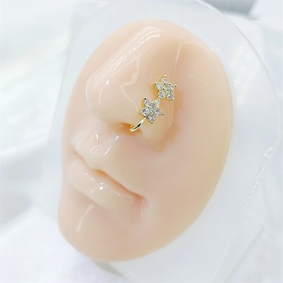 1pc 2 Crystal Flowers Ear Cuff Earring Fake Nose Ring Copper Inlaid Zircon U-shaped Nose Clip Women No Piercing Body Jewelry