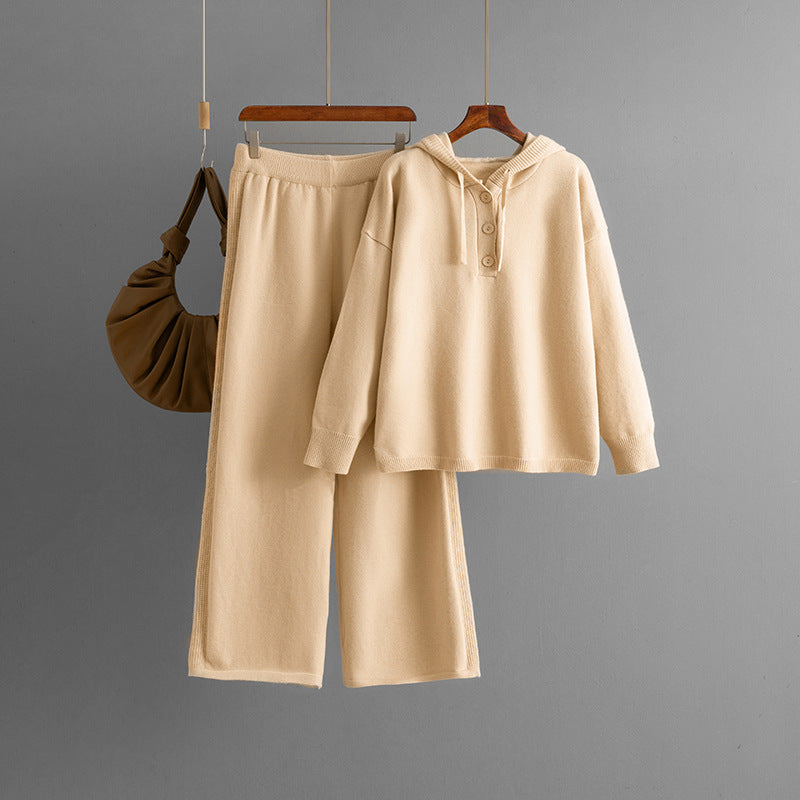 Hooded loose button sweater+wide leg pants two-piece set for women