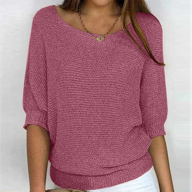 Round neck knitted sweater with elegant three quarter sleeve top for women