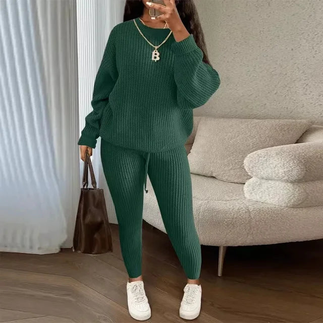 Winter Two Piece Sets Women Clothing Autumn Fashion Casual Solid Round Neck Pullover Loose Pit Knitted Sweater Pants Suits