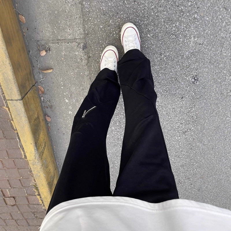 Casual Cargo Sweatpants for Men with White Flower Gray Pleated Design, Zipper Detail, Straight Leg, Athletic Running Trousers