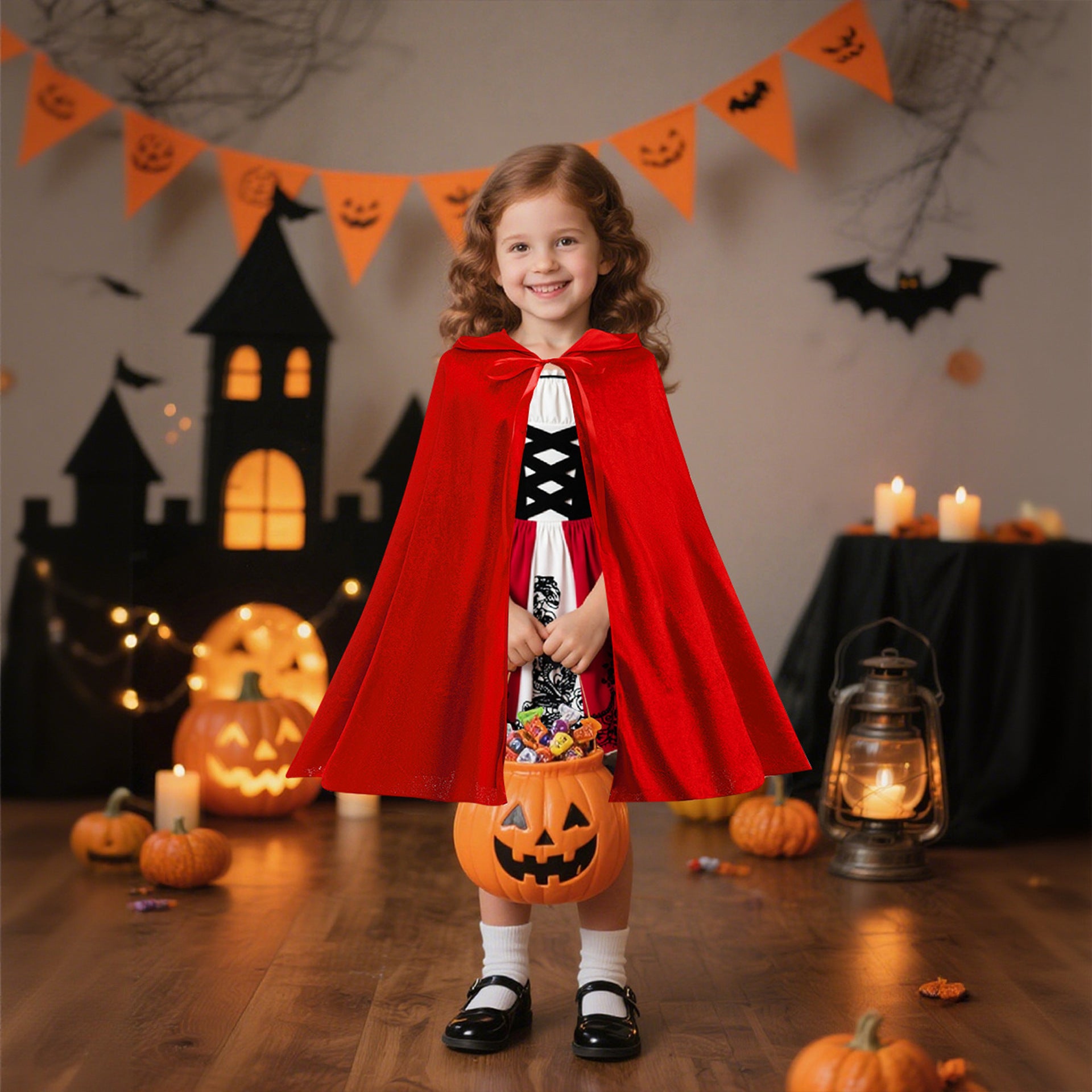 Halloween Kids Costume Set for Girls Silk Dress with Hooded Cape Role Play Outfit